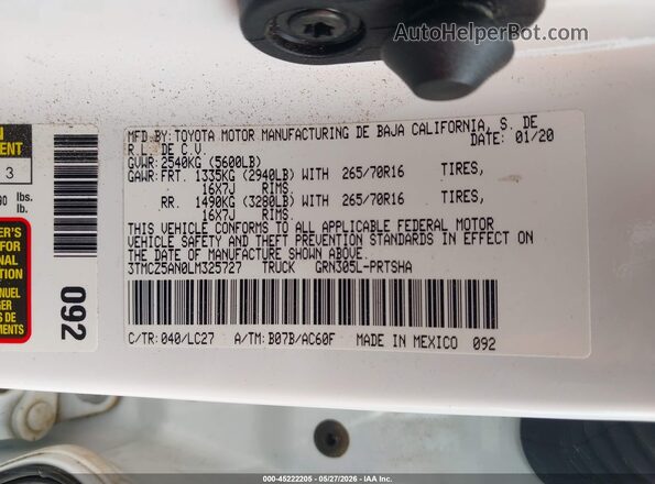 3TMCZ5AN0LM325727 2020 TOYOTA TACOMA White Engine compartment view