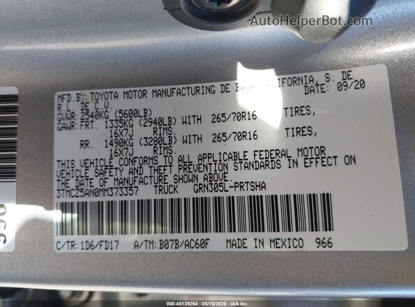 3TMCZ5AN0MM373357 2021 TOYOTA TACOMA Silver 