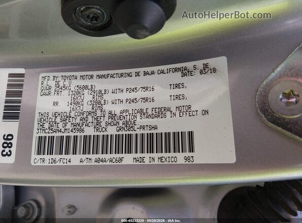 3TMCZ5AN4JM145986 2018 TOYOTA TACOMA Silver Engine compartment view