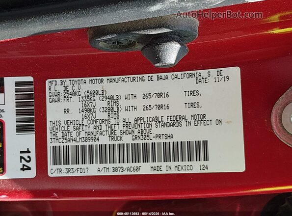 3TMCZ5AN4LM309904 2020 TOYOTA TACOMA Red Շարժիչի բաժամունքի տեսք