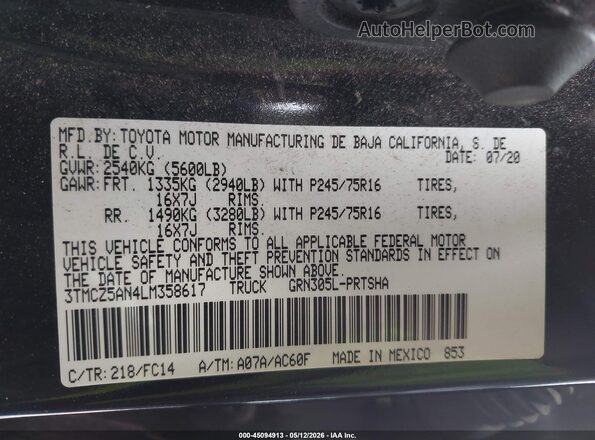 3TMCZ5AN4LM358617 2020 TOYOTA TACOMA Black Widok komory silnika