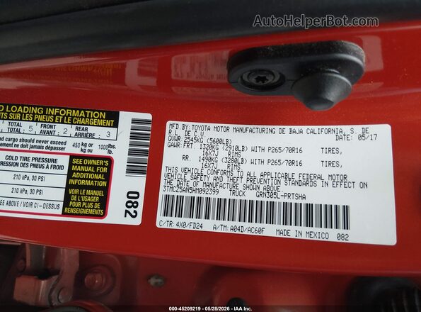 3TMCZ5AN5HM092399 2017 TOYOTA TACOMA Orange Вид підкапотного простору