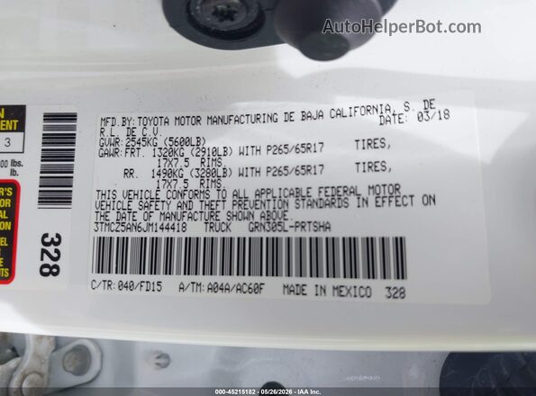 3TMCZ5AN6JM144418 2018 TOYOTA TACOMA White Engine compartment view