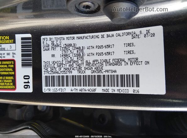 3TMCZ5AN6LM352799 2020 TOYOTA TACOMA Gray Vista del compartimento del motor