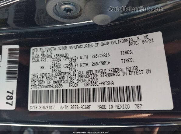 3TMCZ5AN6MM416695 2021 TOYOTA TACOMA Black ძრავის განყოფილების ხედი