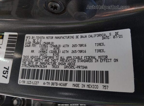 3TMCZ5AN6MM436364 2021 TOYOTA TACOMA Серый Вид подкапотного пространства