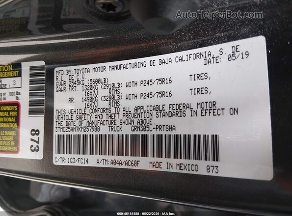 3TMCZ5AN7KM257988 2019 TOYOTA TACOMA Gray 
