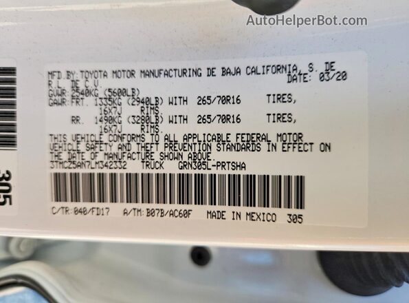 3TMCZ5AN7LM342332 2020 TOYOTA TACOMA White Вид підкапотного простору