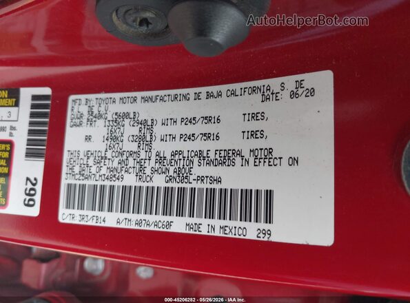3TMCZ5AN7LM348549 2020 TOYOTA TACOMA Red Engine compartment view