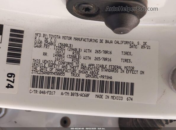 3TMCZ5AN8MM450055 2021 TOYOTA TACOMA White Engine compartment view