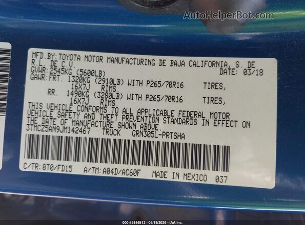 3TMCZ5AN9JM142467 2018 TOYOTA TACOMA Blue Շարժիչի բաժամունքի տեսք