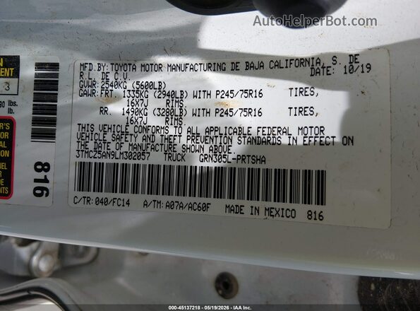 3TMCZ5AN9LM302057 2020 TOYOTA TACOMA Белый 