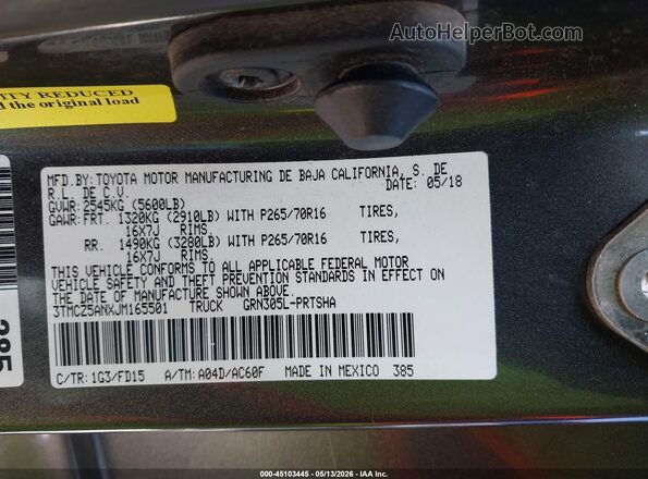 3TMCZ5ANXJM165501 2018 TOYOTA TACOMA Gray Շարժիչի բաժամունքի տեսք