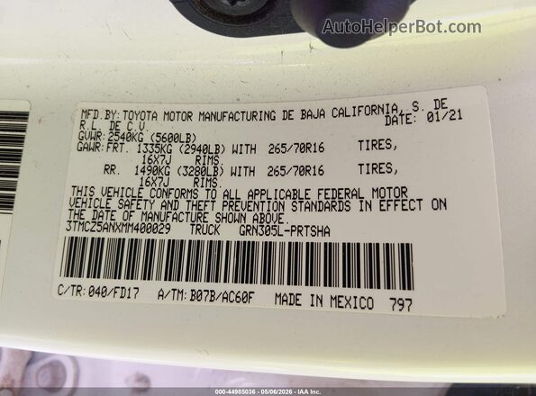 3TMCZ5ANXMM400029 2021 TOYOTA TACOMA White Vista del compartimento del motor