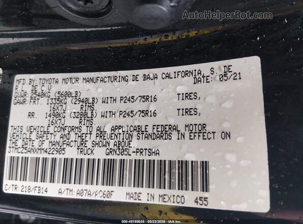 3TMCZ5ANXMM422905 2021 TOYOTA TACOMA Black Engine compartment view