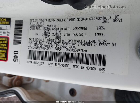 3TMCZ5ANXMM444337 2021 TOYOTA TACOMA White Vista del compartimento del motor
