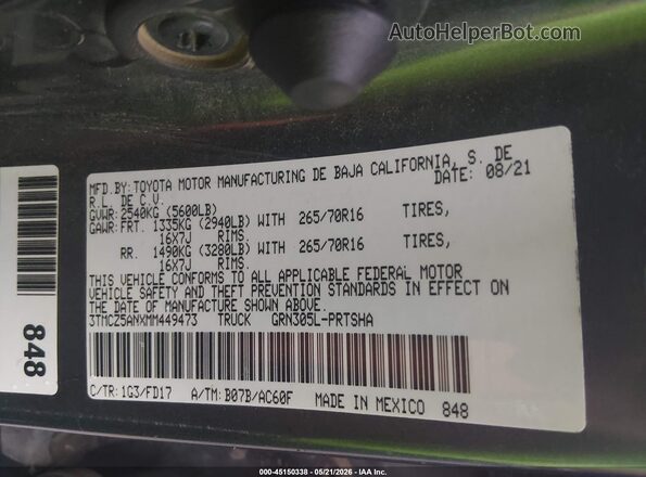 3TMCZ5ANXMM449473 2021 TOYOTA TACOMA Серый Вид подкапотного пространства