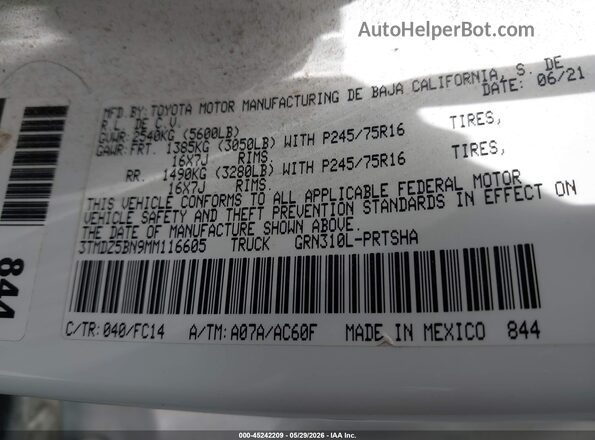 3TMDZ5BN9MM116605 2021 TOYOTA TACOMA Белый Вид подкапотного пространства