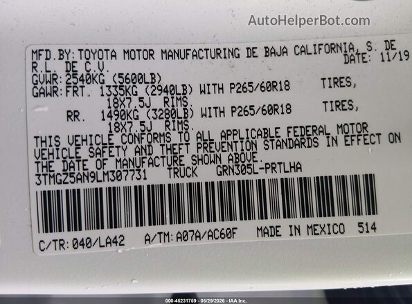 3TMGZ5AN9LM307731 2020 TOYOTA TACOMA Белый 