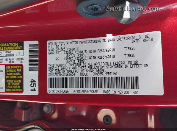 3TMGZ5ANXJM167654 2018 TOYOTA TACOMA Red Engine compartment view