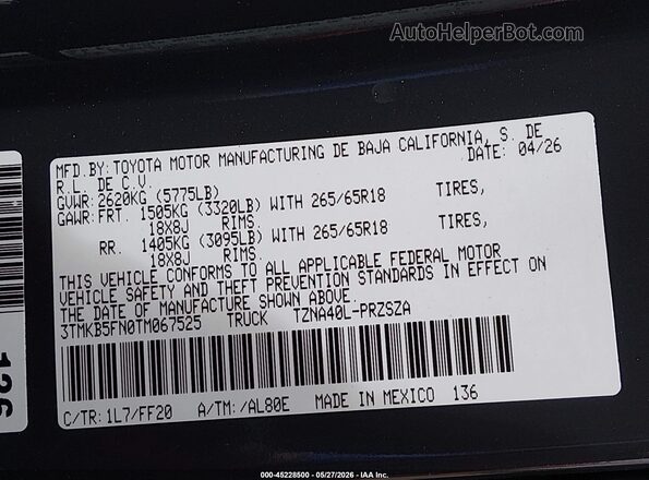 3TMKB5FN0TM067525 2026 TOYOTA TACOMA Gray Շարժիչի բաժամունքի տեսք