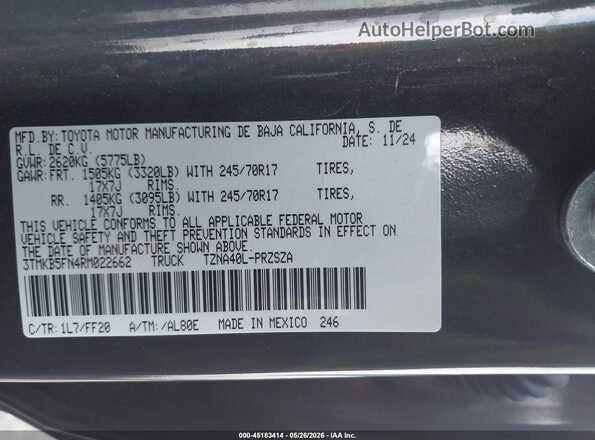 3TMKB5FN4RM022662 2024 TOYOTA TACOMA Black Շարժիչի բաժամունքի տեսք