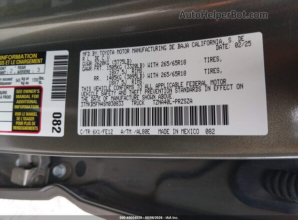 3TMKB5FN4SM030833 2025 TOYOTA TACOMA Green Vista del compartimento del motor