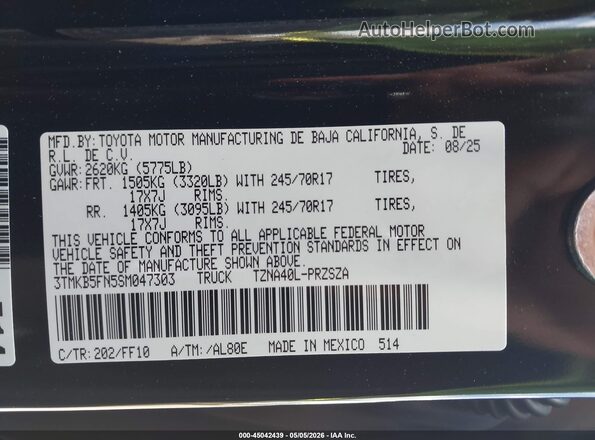 3TMKB5FN5SM047303 2025 TOYOTA TACOMA Black ძრავის განყოფილების ხედი