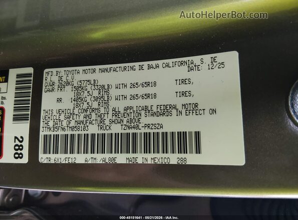 3TMKB5FN6TM058103 2026 TOYOTA TACOMA Brown Widok komory silnika
