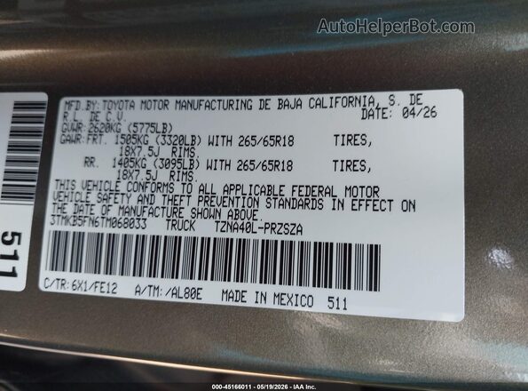 3TMKB5FN6TM068033 2026 TOYOTA TACOMA Золотой Вид подкапотного пространства