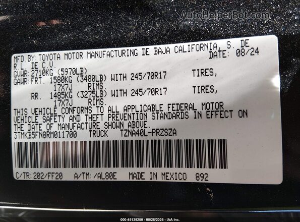 3TMKB5FN8RM011700 2024 TOYOTA TACOMA Black Vista del compartimento del motor