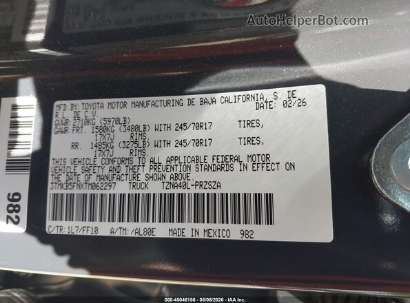 3TMKB5FNXTM062297 2026 TOYOTA TACOMA Gray Engine compartment view