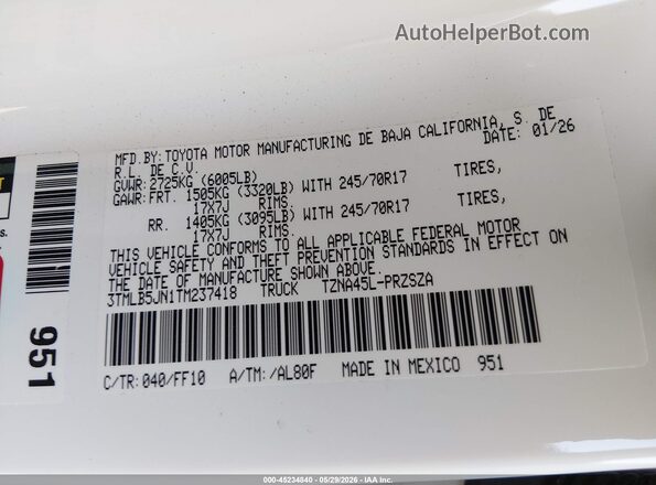 3TMLB5JN1TM237418 2026 TOYOTA TACOMA White Engine compartment view