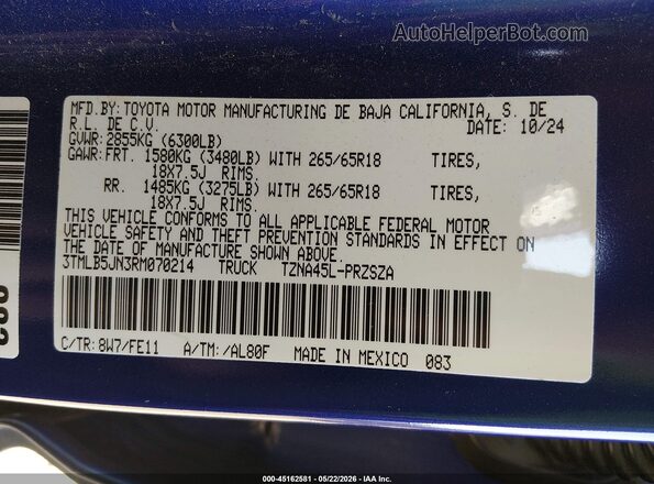 3TMLB5JN3RM070214 2024 TOYOTA TACOMA Blue Vista del compartimento del motor