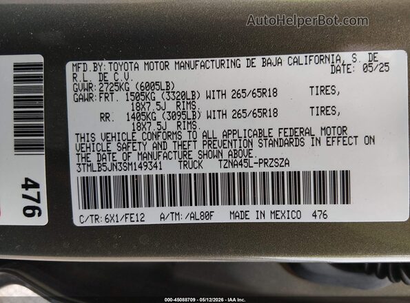 3TMLB5JN3SM149341 2025 TOYOTA TACOMA Зеленый Вид подкапотного пространства