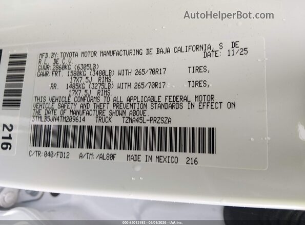 3TMLB5JN4TM209614 2026 TOYOTA TACOMA White Widok komory silnika