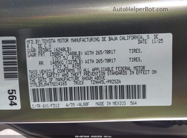 3TMLB5JN4TM214165 2026 TOYOTA TACOMA Green ძრავის განყოფილების ხედი