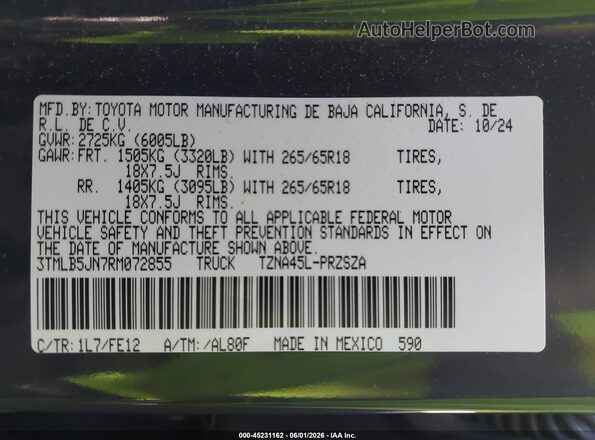 3TMLB5JN7RM072855 2024 TOYOTA TACOMA Gray Вид підкапотного простору