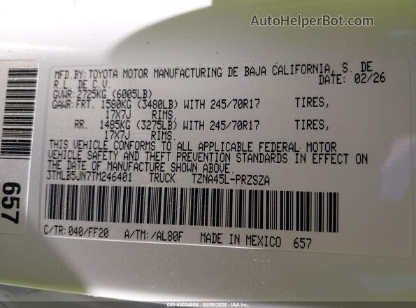 3TMLB5JN7TM246401 2026 TOYOTA TACOMA Белый Вид подкапотного пространства
