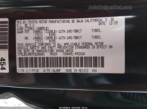 3TMLB5JN8TM228683 2026 TOYOTA TACOMA Pewter Вид подкапотного пространства