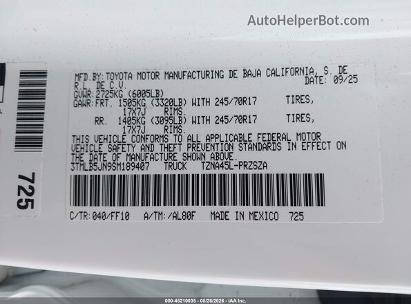 3TMLB5JN9SM189407 2025 TOYOTA TACOMA White Widok komory silnika