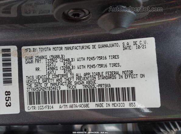 3TYAX5GN2NT034819 2022 TOYOTA TACOMA Gray 
