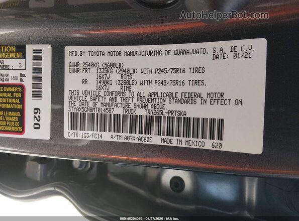 3TYAX5GN8MT014587 2021 TOYOTA TACOMA Gray ძრავის განყოფილების ხედი
