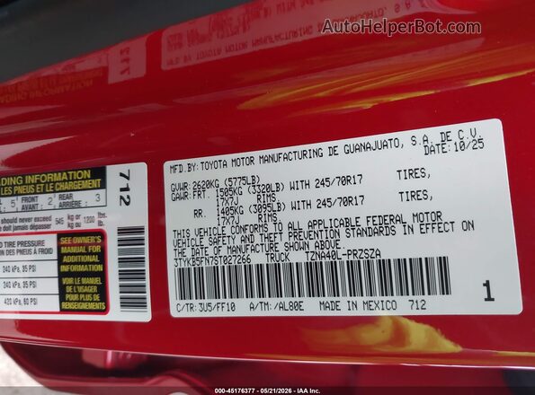 3TYKB5FN7ST027266 2025 TOYOTA TACOMA Red Widok komory silnika