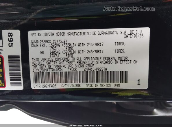 3TYKD5HN4TT044034 2026 TOYOTA TACOMA Black Вид підкапотного простору