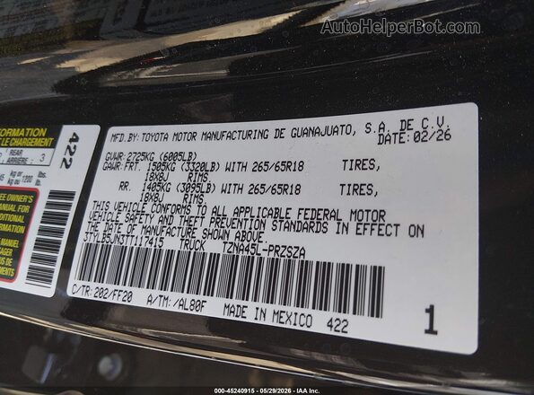 3TYLB5JN3TT117415 2026 TOYOTA TACOMA Black Widok komory silnika