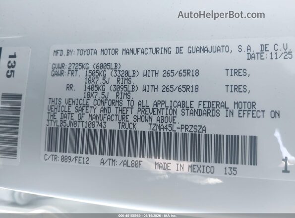 3TYLB5JN8TT108743 2026 TOYOTA TACOMA Белый Вид подкапотного пространства