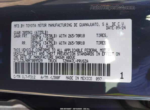 3TYLC5LN0RT009529 2024 TOYOTA TACOMA HYBRID Серый Вид подкапотного пространства