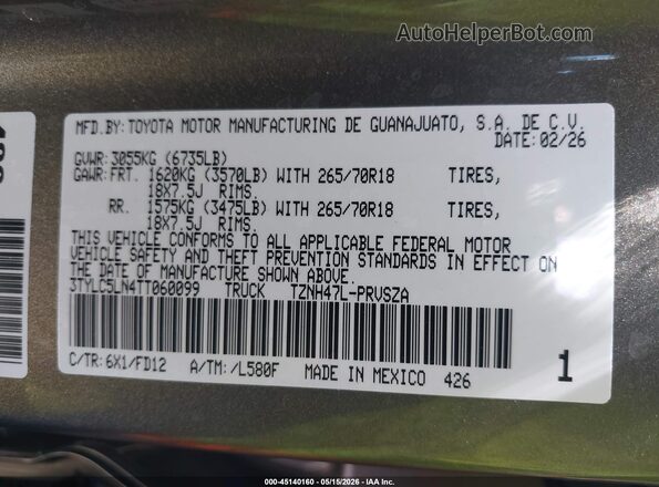 3TYLC5LN4TT060099 2026 TOYOTA TACOMA HYBRID Gold Vista del compartimento del motor
