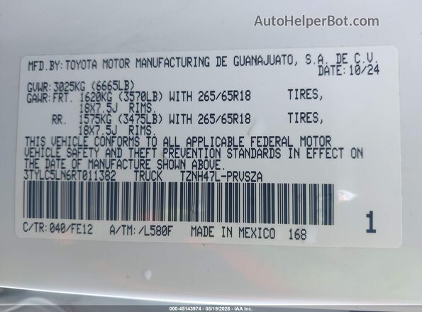 3TYLC5LN6RT011382 2024 TOYOTA TACOMA HYBRID White Շարժիչի բաժամունքի տեսք